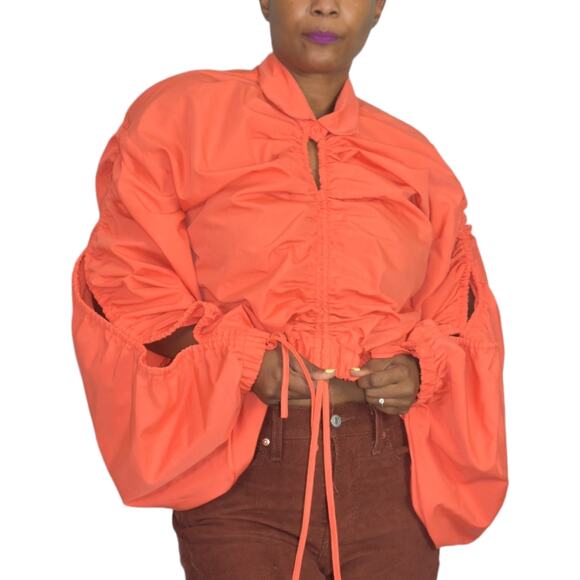 Love Highlight Bubble Sleeve Top Orange Blouse Ruched Cropped Slouchy Size Small - Picture 13 of 15